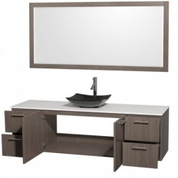 72 inch Single Bathroom Vanity in Gray Oak, White Man-Made Stone Countertop, Arista Black Granite Sink, and 70 inch Mirror