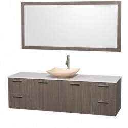 72 inch Single Bathroom Vanity in Gray Oak, White Man-Made Stone Countertop, Arista Ivory Marble Sink, and 70 inch Mirror