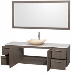 72 inch Single Bathroom Vanity in Gray Oak, White Man-Made Stone Countertop, Arista Ivory Marble Sink, and 70 inch Mirror
