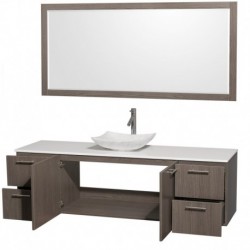 72 inch Single Bathroom Vanity in Gray Oak, White Man-Made Stone Countertop, Arista White Carrera Marble Sink, and 70 inch Mirr