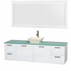 72 inch Single Bathroom Vanity in Glossy White, Green Glass Countertop, Pyra Bone Porcelain Sink, and 70 inch Mirror
