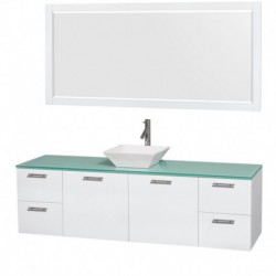 72 inch Single Bathroom Vanity in Glossy White, Green Glass Countertop, Pyra White Sink, and 70 inch Mirror