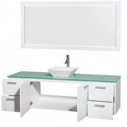 72 inch Single Bathroom Vanity in Glossy White, Green Glass Countertop, Pyra White Sink, and 70 inch Mirror