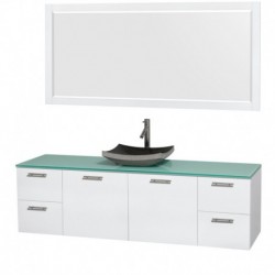 72 inch Single Bathroom Vanity in Glossy White, Green Glass Countertop, Altair Black Granite Sink, and 70 inch Mirror