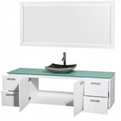 72 inch Single Bathroom Vanity in Glossy White, Green Glass Countertop, Altair Black Granite Sink, and 70 inch Mirror