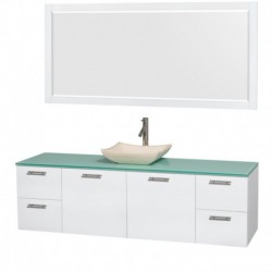 72 inch Single Bathroom Vanity in Glossy White, Green Glass Countertop, Avalon Ivory Marble Sink, and 70 inch Mirror