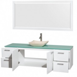 72 inch Single Bathroom Vanity in Glossy White, Green Glass Countertop, Avalon Ivory Marble Sink, and 70 inch Mirror