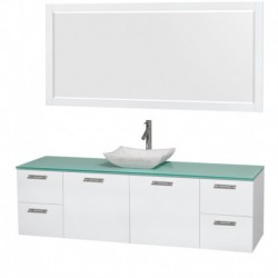 72 inch Single Bathroom Vanity in Glossy White, Green Glass Countertop, Avalon White Carrera Marble Sink, and 70 inch Mirror