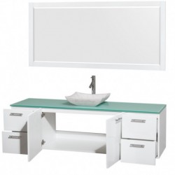 72 inch Single Bathroom Vanity in Glossy White, Green Glass Countertop, Avalon White Carrera Marble Sink, and 70 inch Mirror