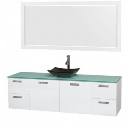 72 inch Single Bathroom Vanity in Glossy White, Green Glass Countertop, Arista Black Granite Sink, and 70 inch Mirror
