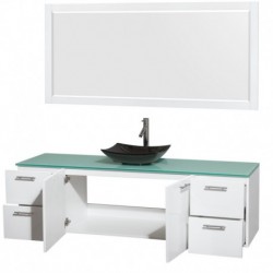 72 inch Single Bathroom Vanity in Glossy White, Green Glass Countertop, Arista Black Granite Sink, and 70 inch Mirror