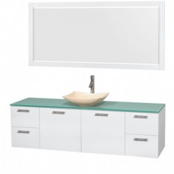 72 inch Single Bathroom Vanity in Glossy White, Green Glass Countertop, Arista Ivory Marble Sink, and 70 inch Mirror