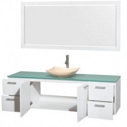 72 inch Single Bathroom Vanity in Glossy White, Green Glass Countertop, Arista Ivory Marble Sink, and 70 inch Mirror