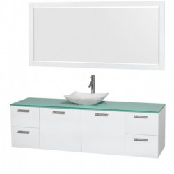 72 inch Single Bathroom Vanity in Glossy White, Green Glass Countertop, Arista White Carrera Marble Sink, and 70 inch Mirror