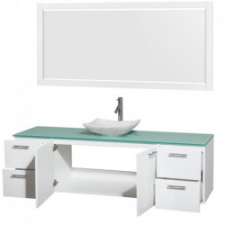 72 inch Single Bathroom Vanity in Glossy White, Green Glass Countertop, Arista White Carrera Marble Sink, and 70 inch Mirror