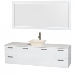 72 inch Single Bathroom Vanity in Glossy White, White Man-Made Stone Countertop, Pyra Bone Porcelain Sink, and 70 inch Mirror