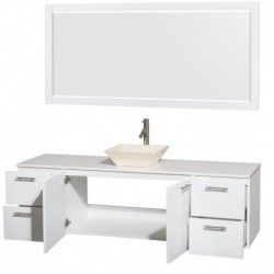 72 inch Single Bathroom Vanity in Glossy White, White Man-Made Stone Countertop, Pyra Bone Porcelain Sink, and 70 inch Mirror