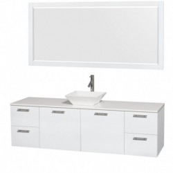 72 inch Single Bathroom Vanity in Glossy White, White Man-Made Stone Countertop, Pyra White Sink, and 70 inch Mirror