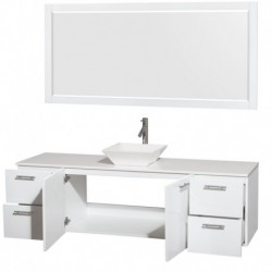 72 inch Single Bathroom Vanity in Glossy White, White Man-Made Stone Countertop, Pyra White Sink, and 70 inch Mirror
