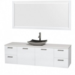 72 inch Single Bathroom Vanity in Glossy White, White Man-Made Stone Countertop, Altair Black Granite Sink, and 70 inch Mirror