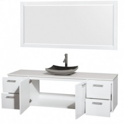 72 inch Single Bathroom Vanity in Glossy White, White Man-Made Stone Countertop, Altair Black Granite Sink, and 70 inch Mirror