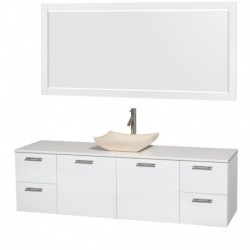 72 inch Single Bathroom Vanity in Glossy White, White Man-Made Stone Countertop, Avalon Ivory Marble Sink, and 70 inch Mirror