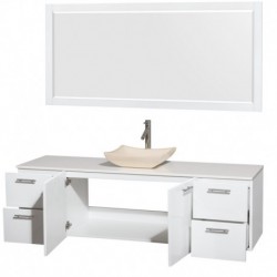 72 inch Single Bathroom Vanity in Glossy White, White Man-Made Stone Countertop, Avalon Ivory Marble Sink, and 70 inch Mirror