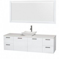 72 inch Single Bathroom Vanity in Glossy White, White Man-Made Stone Countertop, Avalon White Carrera Marble Sink, and 70 inch