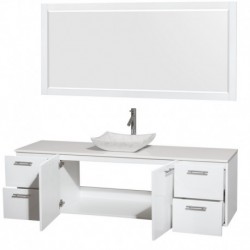 72 inch Single Bathroom Vanity in Glossy White, White Man-Made Stone Countertop, Avalon White Carrera Marble Sink, and 70 inch
