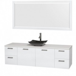 72 inch Single Bathroom Vanity in Glossy White, White Man-Made Stone Countertop, Arista Black Granite Sink, and 70 inch Mirror