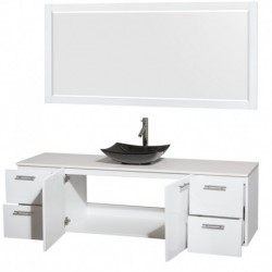 72 inch Single Bathroom Vanity in Glossy White, White Man-Made Stone Countertop, Arista Black Granite Sink, and 70 inch Mirror