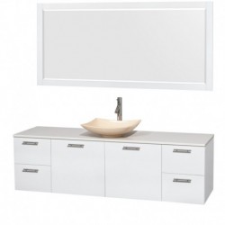 72 inch Single Bathroom Vanity in Glossy White, White Man-Made Stone Countertop, Arista Ivory Marble Sink, and 70 inch Mirror