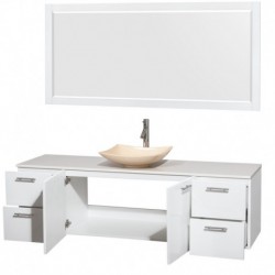 72 inch Single Bathroom Vanity in Glossy White, White Man-Made Stone Countertop, Arista Ivory Marble Sink, and 70 inch Mirror
