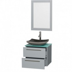 24 inch Single Bathroom Vanity in Dove Gray, Green Glass Countertop, Altair Black Granite Sink, and 24 inch Mirror