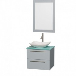 24 inch Single Bathroom Vanity in Dove Gray, Green Glass Countertop, Arista White Carrera Marble Sink, and 24 inch Mirror