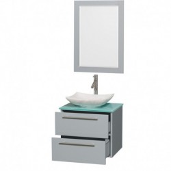 24 inch Single Bathroom Vanity in Dove Gray, Green Glass Countertop, Arista White Carrera Marble Sink, and 24 inch Mirror