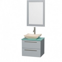 24 inch Single Bathroom Vanity in Dove Gray, Green Glass Countertop, Avalon Ivory Marble Sink, and 24 inch Mirror