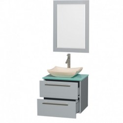 24 inch Single Bathroom Vanity in Dove Gray, Green Glass Countertop, Avalon Ivory Marble Sink, and 24 inch Mirror