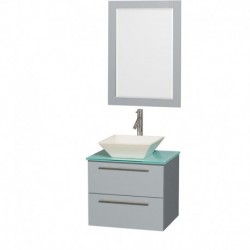 24 inch Single Bathroom Vanity in Dove Gray, Green Glass Countertop, Pyra Bone Porcelain Sink, and 24 inch Mirror