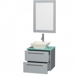 24 inch Single Bathroom Vanity in Dove Gray, Green Glass Countertop, Pyra Bone Porcelain Sink, and 24 inch Mirror