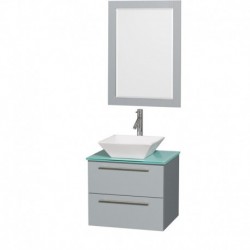 24 inch Single Bathroom Vanity in Dove Gray, Green Glass Countertop, Pyra White Porcelain Sink, and 24 inch Mirror