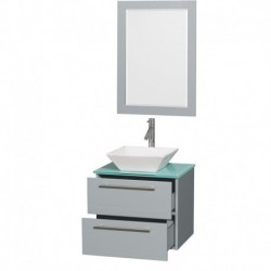 24 inch Single Bathroom Vanity in Dove Gray, Green Glass Countertop, Pyra White Porcelain Sink, and 24 inch Mirror