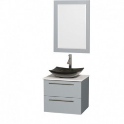 24 inch Single Bathroom Vanity in Dove Gray, White Man-Made Stone Countertop, Arista Black Granite Sink, and 24 inch Mirror