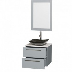 24 inch Single Bathroom Vanity in Dove Gray, White Man-Made Stone Countertop, Arista Black Granite Sink, and 24 inch Mirror