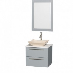 24 inch Single Bathroom Vanity in Dove Gray, White Man-Made Stone Countertop, Avalon Ivory Marble Sink, and 24 inch Mirror