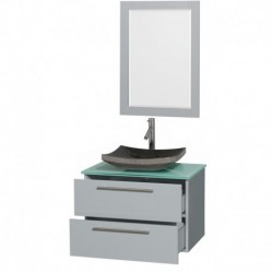 30 inch Single Bathroom Vanity in Dove Gray, Green Glass Countertop, Altair Black Granite Sink, and 24 inch Mirror