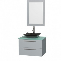 30 inch Single Bathroom Vanity in Dove Gray, Green Glass Countertop, Arista Black Granite Sink, and 24 inch Mirror
