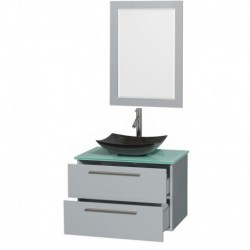 30 inch Single Bathroom Vanity in Dove Gray, Green Glass Countertop, Arista Black Granite Sink, and 24 inch Mirror