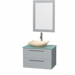 30 inch Single Bathroom Vanity in Dove Gray, Green Glass Countertop, Arista Ivory Marble Sink, and 24 inch Mirror