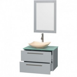 30 inch Single Bathroom Vanity in Dove Gray, Green Glass Countertop, Arista Ivory Marble Sink, and 24 inch Mirror